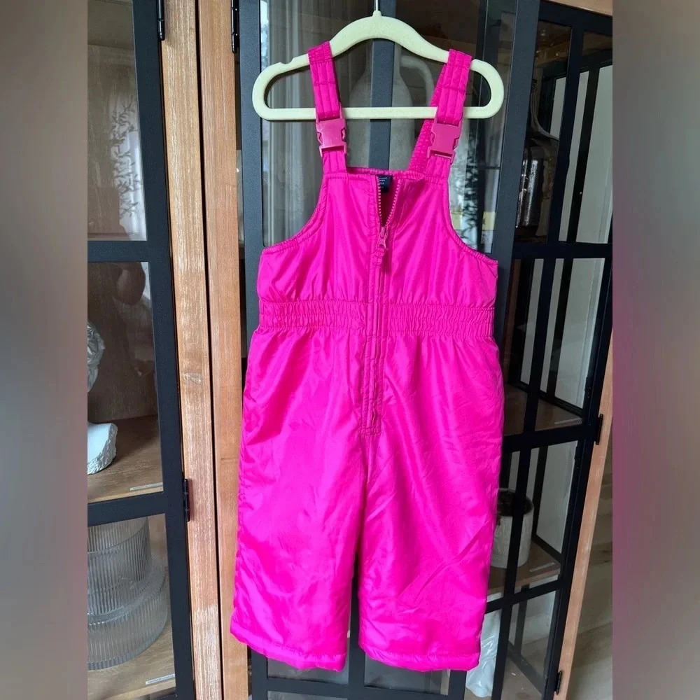 Toddler ski bib snowsuit Barbie pink neon zip up adjustable straps girl jumpsuit